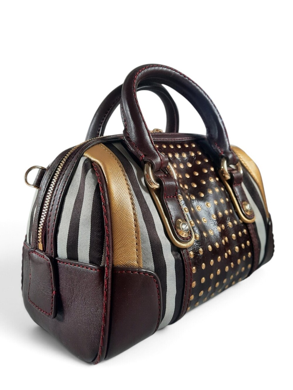 HENRI BENDEL Steampunk Studded Satchel Crossbody Barrel Bag Hold Plum Striped - Picture 2 of 11